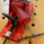 Armor Tools pocket hole jig with vacuum adapter to connect Festool and Mirka hoses and drill bit