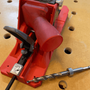 Armor Tools pocket hole jig with vacuum adapter to connect Festool and Mirka hoses and drill bit