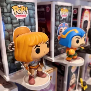 Funko Pop wall mount holding a He-Man Funko Pop figure and it's box